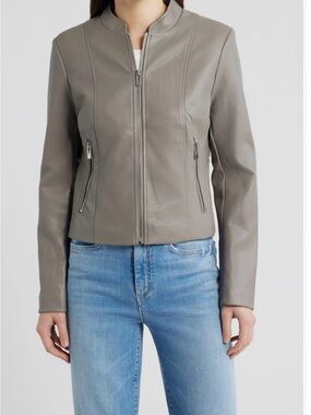 Classic Taupe Leather Zip Front Jacket